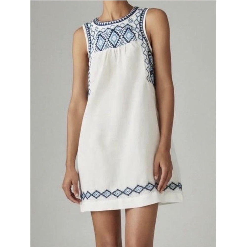 Lucky Brand White Linen Cotton Blue Embroidered Dress SZ S Lined Boho Costal